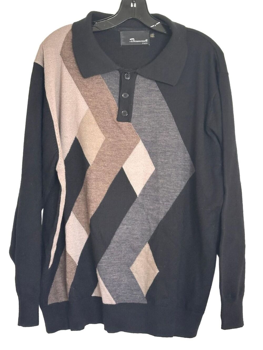 Brummell Paris Vintage Colorblock Geometric Polo Sweater Wool Blend - XXL